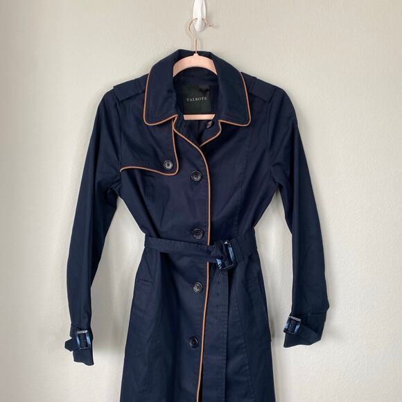 TALBOTS Piped Trench Coat Navy Blue Brown Size XS Preppy Classy Chic All Weather - Picture 5 of 9